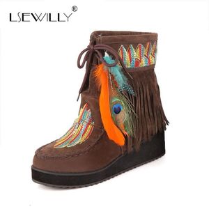 Heißer Verkauf-Stil Retro Fransen Stiefel Flock Chunky Feder Frauen Knöchel Kurze Stiefel Quasten Große Größe Schuhe Größe 34-43 Aa555