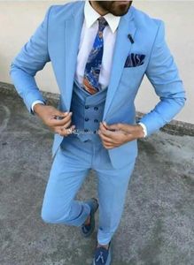 Najnowszy projekt One Button Light Blue Groom Tuxedos Notch Lapel Groomsmen Mens Garnitury Wedding / Prom / Dinner Blazer (Kurtka + Spodnie + Kamizelka + Krawat) K159