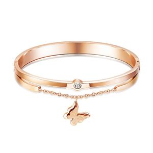Fashion luxury designer beautiful diamond zircon butterfly charm bangle bracelet for woman girls 19 cm rose gold titanium steel