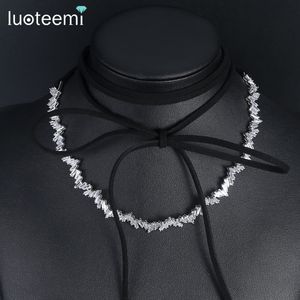 LUOTEEMI Fashion Thin Irregular Array Cubic Zirconia Choker Necklace White Gold Color Women Collier Colar Jewellery