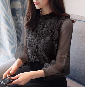 New Spring Women's Lace Blouse Puff Sleeve Lace Eleganta Toppar Shrt Lady Casual OL-skjorta Blusar C4197