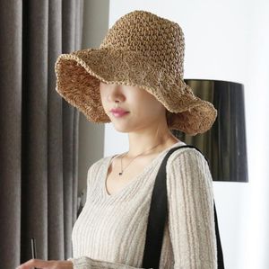 artesanal chique tecido net chapéu de palha feminino vermelho verão bege oco dobrável chapéu de sol proteção solar viagem sol praia WY648