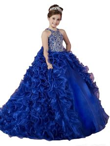 프린세스 왕실 블루 여자 미인 대회 오간자 주름 수정 구슬 소매가 가운 웨딩 플라워 걸 드레스를위한 어린이 파티