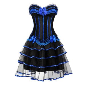 Big Plus Size 6XL Rüschen Spitze Schleife Burlesque Satin Korsett Top mit Etagen Tüll Tutu Rock Tanzkorsett Halloween Kostüm Kleid Outfit Clubwear