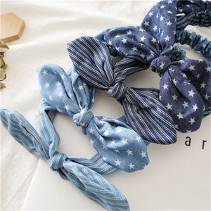 Cute Denim Leopard Stripe Print Bunny Rabbit Ear Ribbon Copricapo Fascia per capelli Cerchietto per capelli Sciarpa Fascia per capelli Accessori per capelli