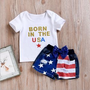 キッズデザイナー服女の子のレタートップスアメリカの国旗ショートパンツ2個セット独立記念日の女の子衣装7月の赤ちゃん服DHW3277