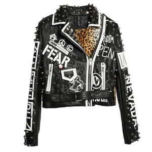 Черная кожаная куртка с леопардовым принтом женская осень-зима 2018 мода отложной воротник панк-рок шипованные куртки женские пальто