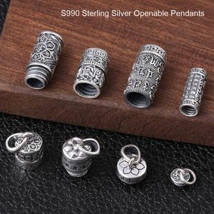 S990 Pure Sterling Silver Buddha Tube Locket Buddhist Antique Six Words Mantra Amulets Gawu Storage Pendants Necklace Men Women Openable Box