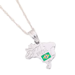 Silver Brasilien Karta National Flag Necklaces Pendant för Kvinnor Brasilianer Kedja Smycken