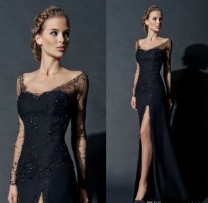Sexy Black High Split Sheath Avondjurken Sheer Bodice Lange Mouw Lace Sequen Seasproces Avondjurken Custom Made Celebrity Prom Dress