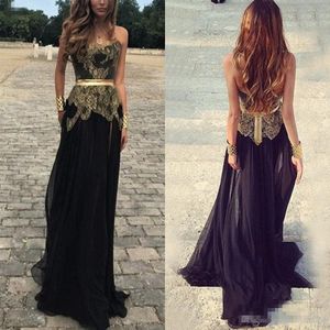 Elegante trägerlose goldene Spitzenapplikation Prom Kleider Schwarz Chiffon bodenlange Ribbon Plus Größe maßgeschneiderte formale Abendkleidung 403