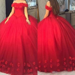 Kırmızı top quinceanera elbiseler 3d çiçek aplike el yapımı çiçekler seksi omuzdan özel yapım balo elbisesi yarışmacı resmi giyim