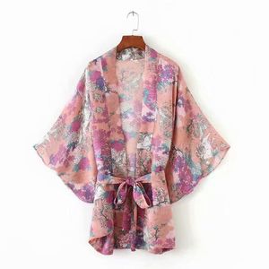 WT908 Euro Women Wide Sleeve Sashed Belt Deco Pink Floral Horse Print Sunscreen Jacket Kimono Jackets