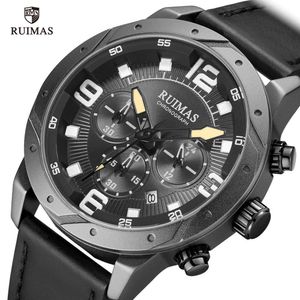 Ruimas Men's Chron￳grafo Rel￳gios Luxuros Top Brand Watch Transport Man Black Leather Quartz Watch Male Army Relloguios 595