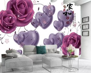 3D部屋の壁紙習慣写真紫色の愛ロマンチックなローズの家の装飾リビングルームの寝室の壁の飾りHDの壁紙