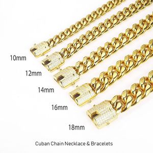 Gold Filled Men Women Miami Cuban Chain Necklace Bracelet Stainless Steel Hip Hop Iced Out Bling Jewelry Double Safety Studded Diamond Clasp