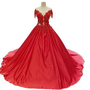 Czerwone niestandardowe suknie ślubne z aplikacją Off Ramię Nowoczesna Suknia Balowa V-Neck Ogród Wed Suknie