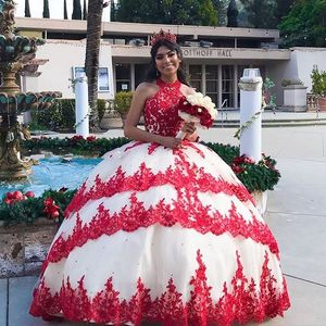 Röd spets quinceanera prom klänningar hög nacke tulle boll klänning tre lager kjol sequins pärlstav sött 16 klänning prom klänningar 7: e klass långa