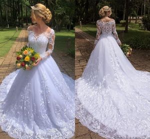 New Arrival Modern A Line Wedding Dresses Illusion Off Shoulder Lace Appliques Long Sleeves Court Train Plus Size Formal Bridal Gowns