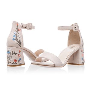 Hot Sale-LALA IKAI Faux Suede Women Sandals Embroider High Heel Women Sandals Ethnic Floral Sandalias Muje Party Shoes XWF1160-5