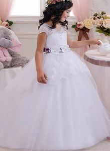 Elegancki Kwiat Dziewczyna Suknie Tulle Puszysta Koronkowa Aplikacja Suknia Dla Wedding Pageant Kids First Communion Prom Dresses