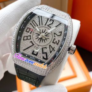 Nuovo orologio automatico da uomo Vanguard V45 Cassa con tutti i diamanti Quadrante interno con diamanti neri Indicatori di numeri 3D Orologio con fuso orario in gomma in pelle nera E178a1