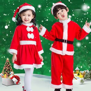 Tunn liten santa claus kostym barn jul outfit vit fuzzy trim tjejer bowknot klänning pojkar skjorta byxor hatt set cosplay 1-13 år