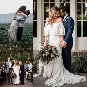 2019 Garden Wedding Dresses Off Shoulder Short Sleeves Lace Appliques Bridal Gowns Sweep Train Vestidos De Noiva Country Wedding Dresses
