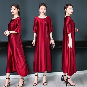 Lato Vintage Eleganckie Długie Luźna Sukienka Chiński Styl Tang Garnitur Silk Mieszanka Suknia Mordern Kobiety Casual Sukienki