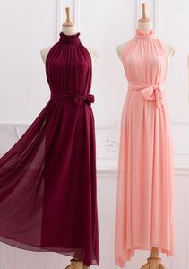 2019 High Neck A-Line Long Chiffon Bridesmaid Dress Floor-length Bridesmaid Dress Formal Dress Pleated Bodice Gown Custom Made With Sash