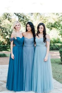 2019 Şaşırtıcı Mavi Tül Düğün Konuk Elbiseler Nedime Ucuz Pleats Dantelli Kapalı Omuz Kısa Kollu Gelinlik Modelleri Onur Hizmetçi