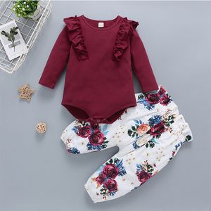% 100 pamuk Yenidoğan Bebek Giyim Şarap kırmızı Romper Kıyafet Çocuk Kız 3 adet set Romper + Çiçek Pant + Kafa Bebek Giyim setleri