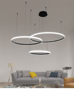 Anéis de círculo moderno do candelabro do diodo emissor de luz para a sala de estar Branco quadro preto PVC Lampara de LED Home Lighting Lumining