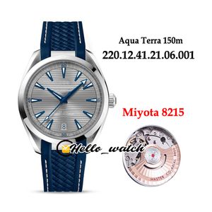 Nowy Aqua Terra 150M Miyota 8215 Automatyczne męskie zegarek Gray Texture Dial Case Case 220.12.41.21.06.001 Niebieski gumowy pasek zegarki Hello_watch