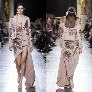 Elie Saab 2019サイドスプリットイブニングドレスジャケットジュエルネックスパンコールビーズプロムガウンサテン長袖パーティードレス