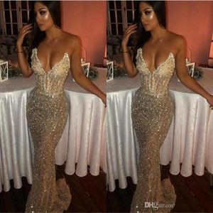 Lantejoulas brilhantes bling lanteart sweetheart vestido de baile vestidos sem mangas champanhe profundo vice-pescoço longa varredura trem vestidos de noite