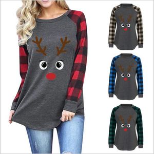 Plaid Shirts Women Patchwork Christmas Tops Letter Long Sleeve T-shirts O-neck Casual Pullover T-Shirt Girls Truck Tees Blouses Blusas B6927