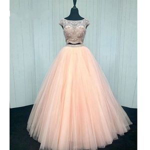 Blush Pink Prom Sweet 16 Dresses 2019 Ball Gown Cheap 2 Piece Bateau Short Sleeve Beading Crystal Tulle Draped Quinceanera Evening