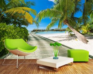 Anpassad 3d Seascape Bakgrund Vacker strandpromenad Grön Väg 3D Kokosnöt Träd Seascape Interiör Bakgrund Vägg HD Friendly Silk Wallpaper