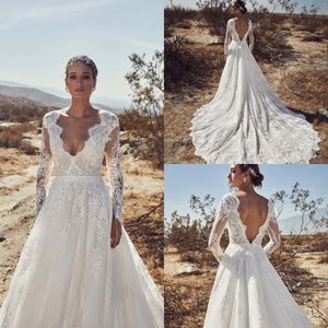 2020 Abiti da sposa eleganti Scollo a V profondo Maniche lunghe Appliques Abiti da sposa in pizzo senza schienale Abiti da sposa con strascico