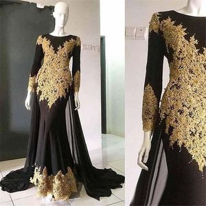 Czarny ze złotą aplikacją muzułmańskie sukienki wieczorowe 2019 Arabskie długie rękawy długie rękawy klejnot klejnot wieczorowe suknie imprezowe specjalne okazje sukienka kobiety
