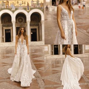 Glamorous Berta Beach Wedding Dresses With Detachable Train A Line Deep V Neck Open Back Bidal Gowns Illusion Long Formal Dress