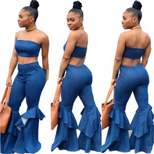 Denim dois pedaço definir verão strapless colheita superior e flare calça terno conjuntos conjuntos de roupas sexy 2 peça set mulheres