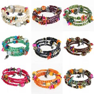 Ethnic style retro wooden beads bracelet Alloy shell starfish leaf pendant cahrm bracelets for women wholesale