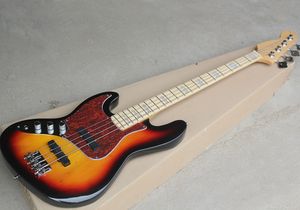 left handed 4 strings tobacco sunburst electric bass guitar with red pearled pickguard,Maple fretboard with white pealred inlay