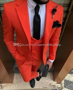 Yeni Geliş İnce Turuncu Kırmızı Damat smokin Notch Yaka Erkekler Wedding Party Dress uyar 3 adet Busienss takımları (Ceket + Pantolon + Vest + Tie) K179