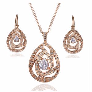 Classical 18K Rose Gold Plated Genuine Austria Crystal Pendant Necklaces Drop Earring Fashion Women Jewelry Sets