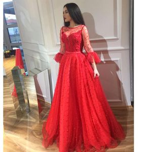 Chic Red Beaded Prom Dresses Long Sleeves Sheer Bateau Neck Evening Gowns Floor Length vestidos de fiesta Tulle Christmas Formal Dress