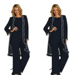 Azul escuro longo mãe da noiva calça terno com jaqueta plus size rendas feminino baile de formatura noite wear formal pantsuit vestuário