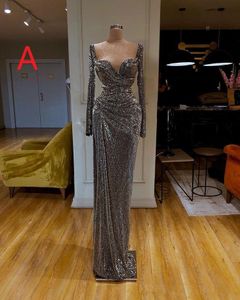 Yeni Geliş Gümüş Uzun Gelinlik Modelleri payetli Boncuk Ucuz Dubai Arapça Abiye Örgün Parti Elbiseler de soirée Wear